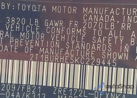 2019 Toyota Corolla Le z USA, uszkodzony, nr VIN 2T1BURHE5KC229445